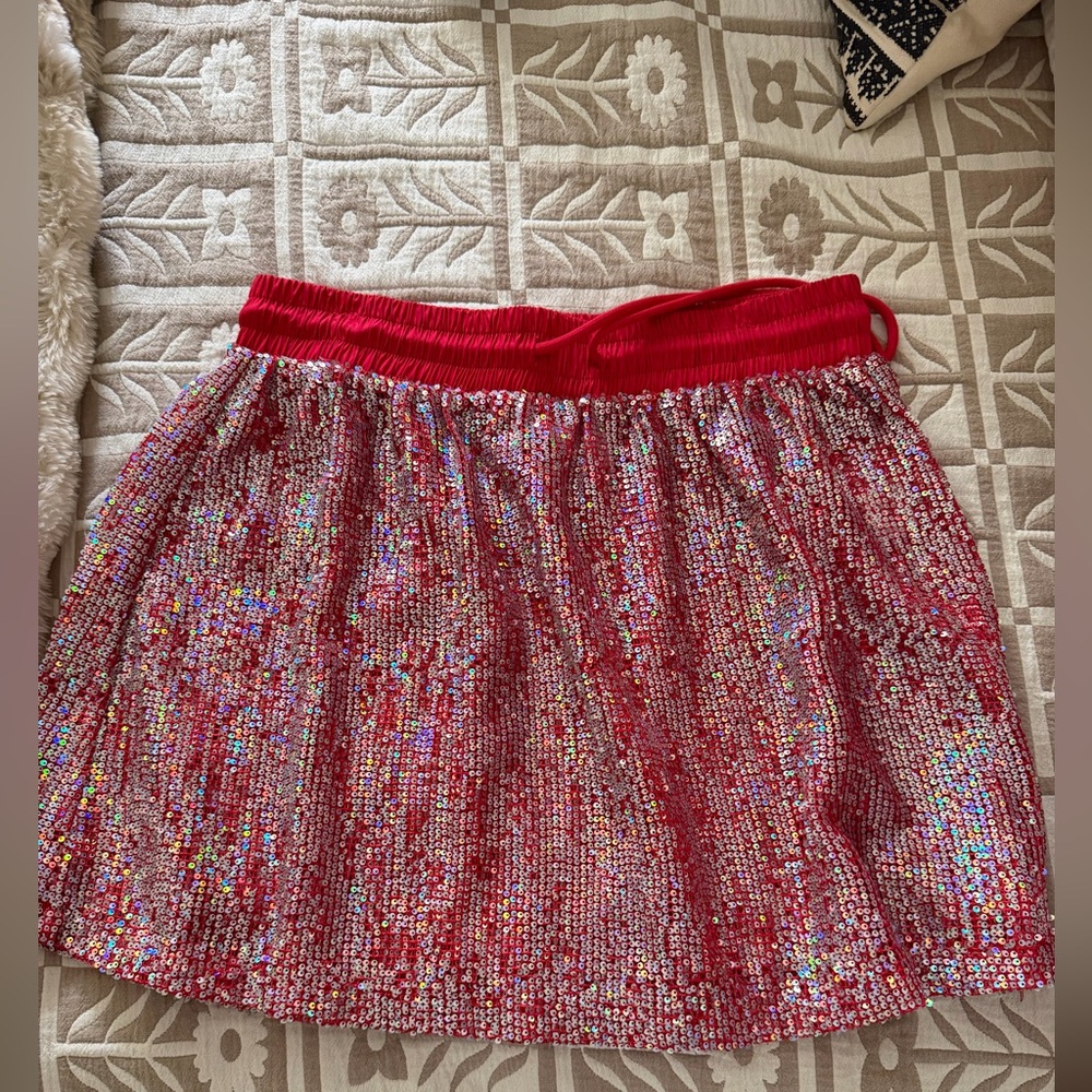 Queen of Sparkles Red Sequin Mini Skirt with Elastic Waistband